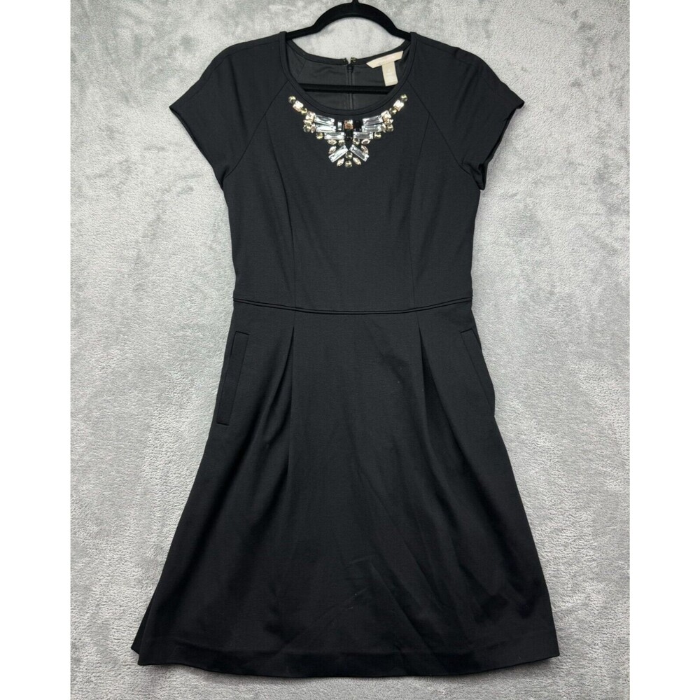 Banana Republic Dress Women's 4 Black Short Sleeve Ponte Jeweled Neck Pockets
